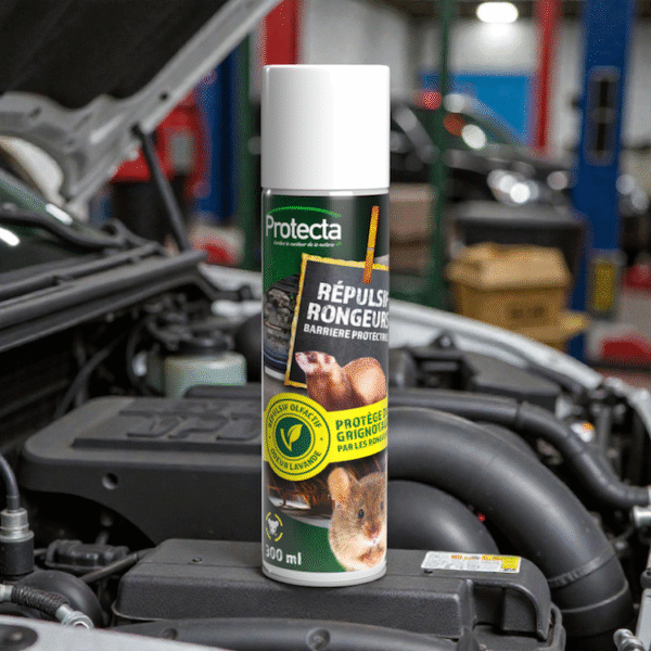 Spray répulsif souris rats martres posé sur un moteur de voiture pour protéger les câbles des rongeurs