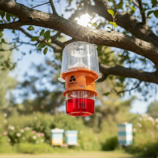 Piège sélectif Protecta Nature suspendu à une branche pour protéger les ruches contre les frelons asiatiques