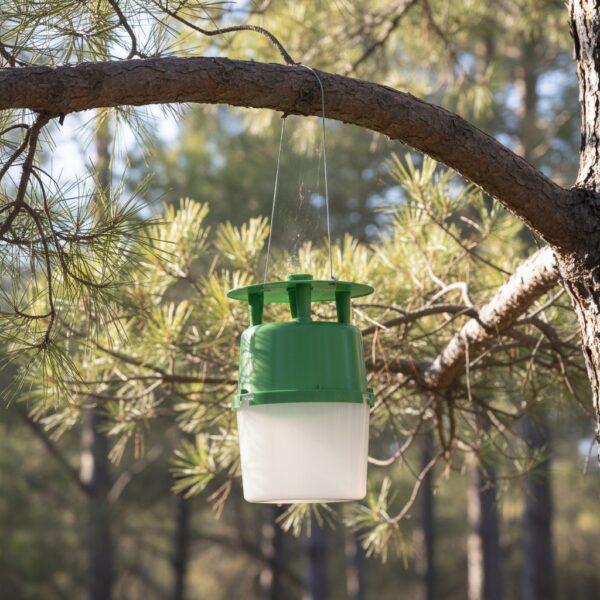 Installation d'un piège processionnaire du pin Protecta suspendu à une branche pour capturer les papillons.