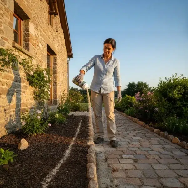 Application répulsif serpents naturel granulés autour maison sur chemin extérieur