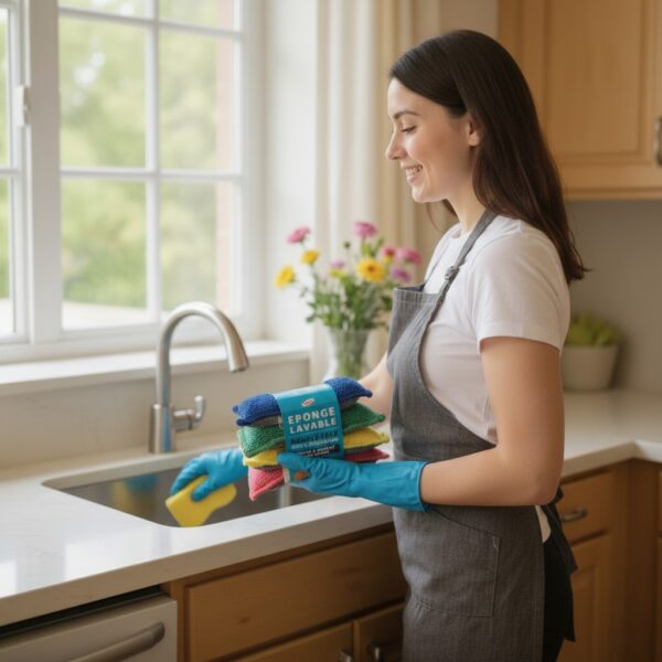 Jeune femme utilisant une éponge lavable Nicols dans la cuisine